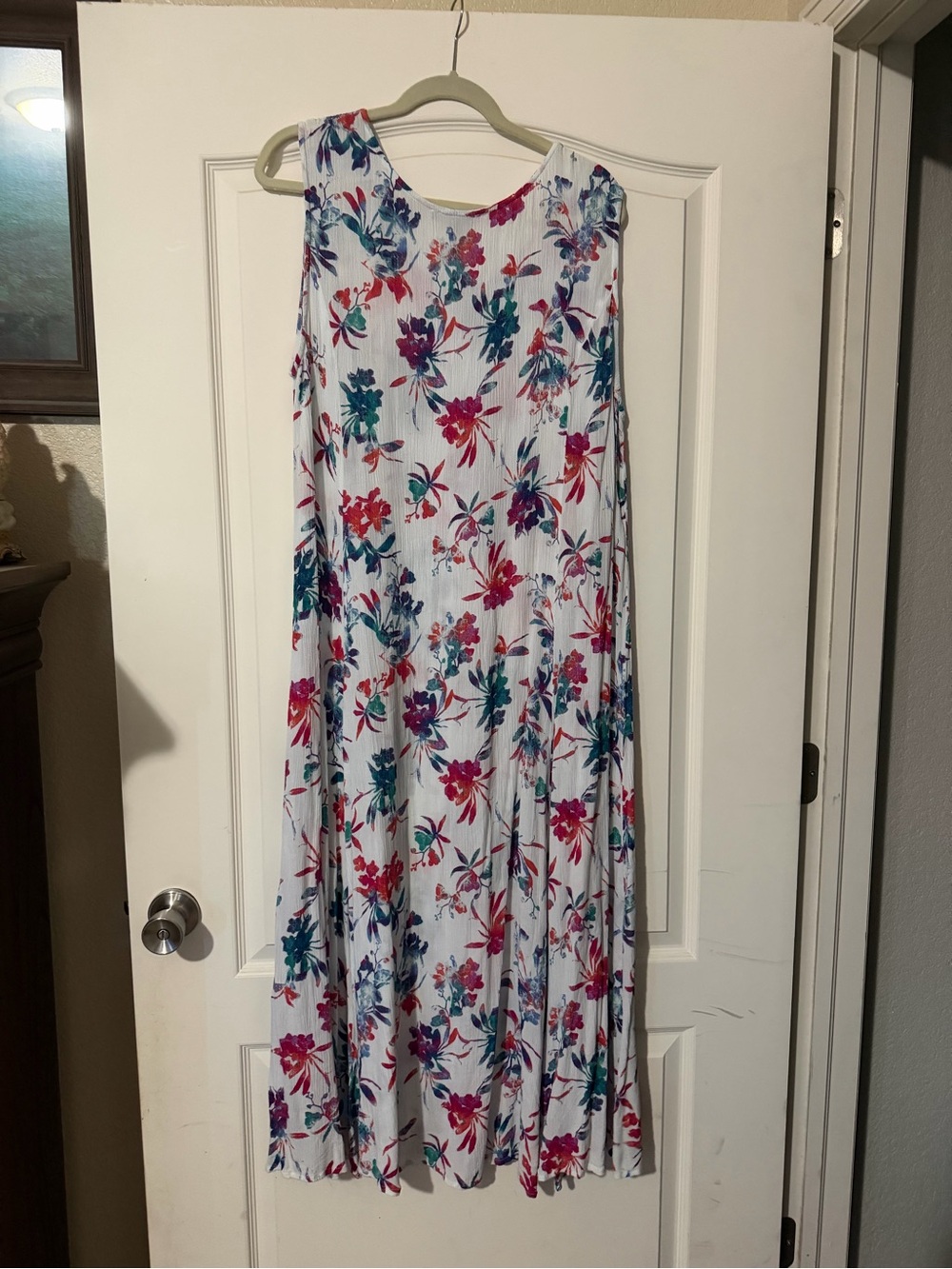 Roaman's White Floral Maxi Dress with Pink & Blue Accents